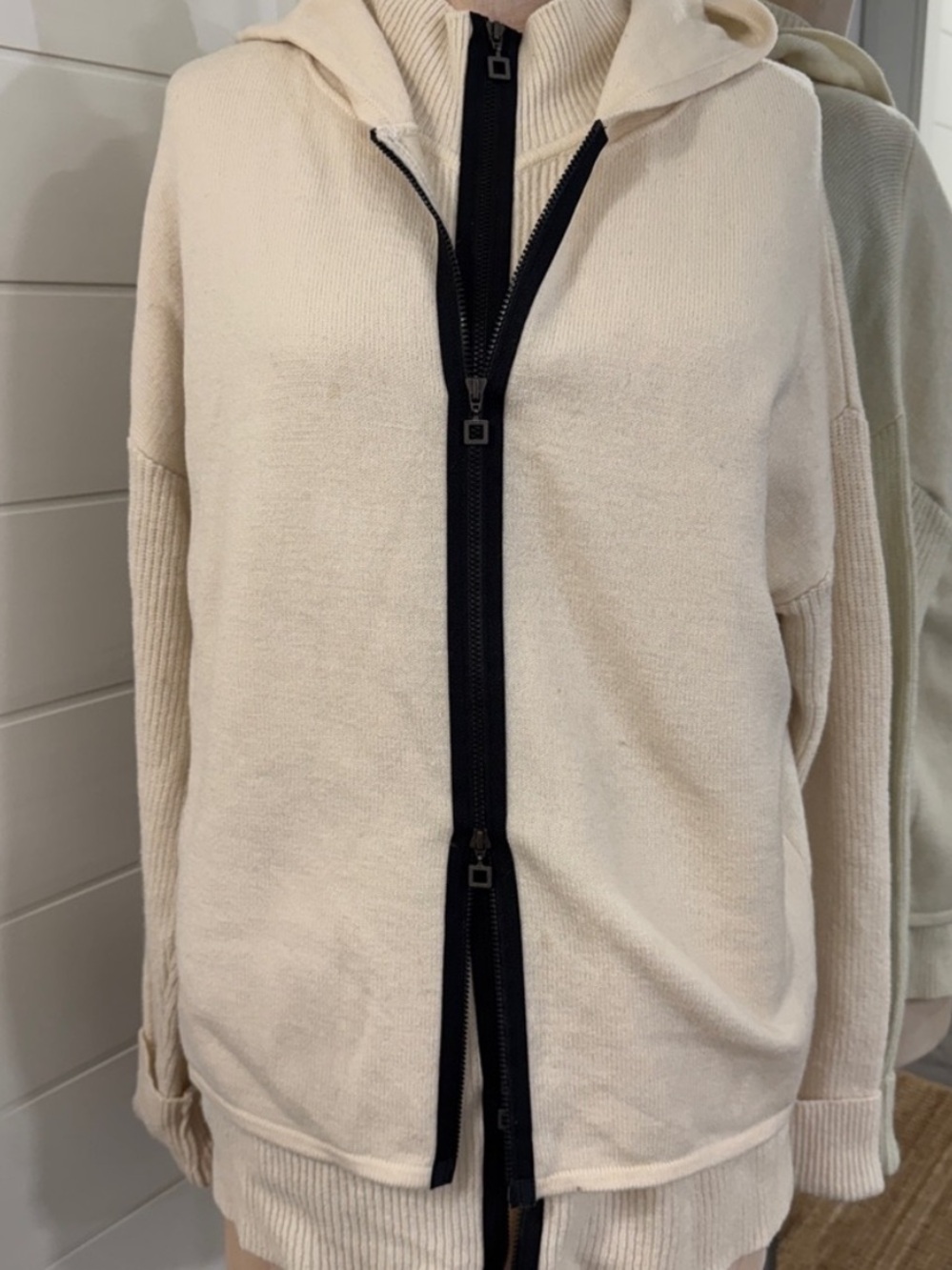 Sarah Pacini Cream Hooded Double Zip-Front Cardigan with Black Trim
